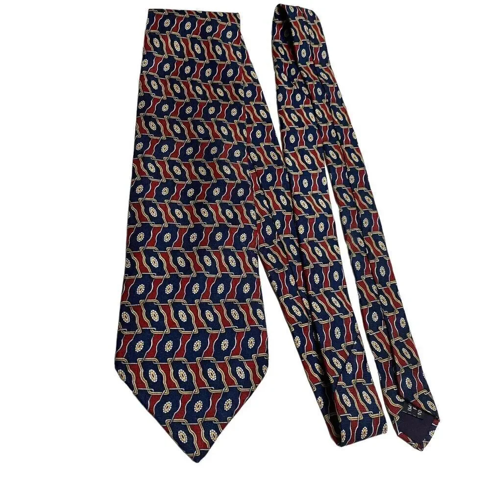 Geoffrey Beene Tie Men's Necktie Silk Geometric Maroon Blue Gold Silver USA